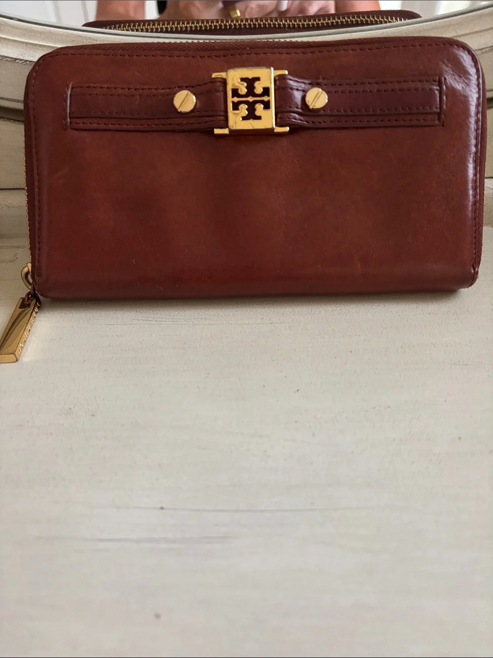 Tory Burch Chestnut Brown Leather Zip Around Wallet with Gold Logo